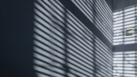 Architectural shadows. Sunlight architecture abstract background with light, black shadow overlay from window on white texture wall. Mockups, posters, stationary, wall art, design presentationの写真素材