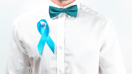 Blue ribbon cancer. Awareness prostate of health in November. Hipster men in bright shirt, cyan...
