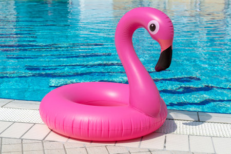 Pink pool. Pink inflatable flamingo in pool water for summer beach background. Pool float partyの写真素材