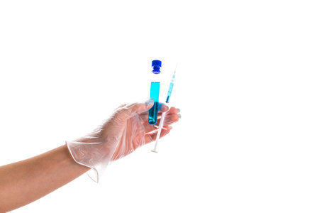 Vaccination bottle. Doctor hand in medical glove hold test tube or bottle for protection flu virus...