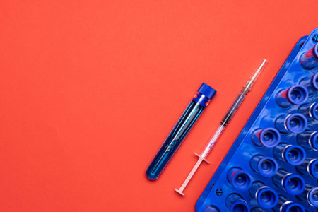 Protection disease. Medical syringe with needle for protection flu virus and coronavirus. Covid...