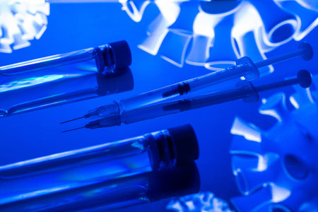 Injection bottle. Medical syringe with needle for protection flu virus and coronavirus. Covid...
