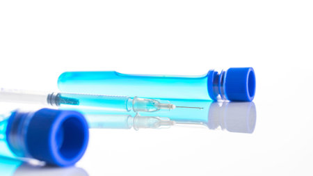 Virus cell. Medical syringe with needle for protection flu virus and coronavirus. Covid vaccine...