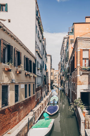 Italy, Venice. Grand canal for gondola in travel europe city. Old italian architecture with landmark bridge, romantic boat. Veneziaの写真素材
