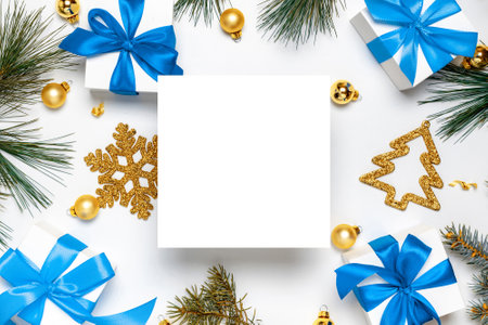 2021 White gift box with blue ribbon, baubles and Christmas tree in xmas composition on white background for greeting card. Decoration and copy space for your textの写真素材