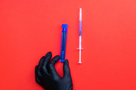 Injection. Doctor hand in medical glove hold syringe with needle for protection flu virus and coronavirus. Covid vaccine isolated on red. Nurse or doctor. Liquid drug or narcoticの写真素材
