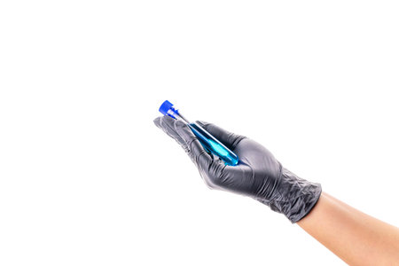 Injection. Doctor hand in medical glove hold test tube or bottle for protection flu virus isolated...