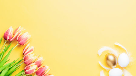 Easter banner. Golden, white color egg in basket with spring tulips, feathers on pastel yellow...