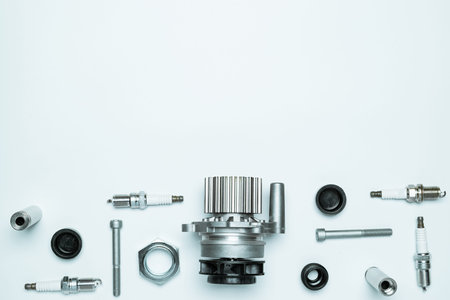 Car service. Auto motor mechanic spare or automotive piece on white background. Set of new metal car...