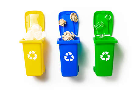 Trash sort. Bin container for disposal garbage waste and save environment. Yellow, green, blue dustbin for recycle plastic, paper and glass can trash isolated on white backgroundの写真素材