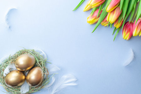 Easter eggs Golden color in basket with spring tulips, white feathers on pastel blue background in Happy Easter decoration. Festive decoration in flat layの写真素材