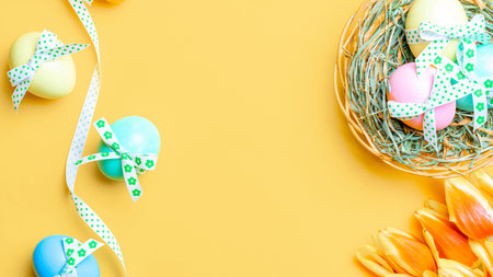Egg color. Happy Easter decoration: Colorful egg with tape ribbon, spring tulips, white feathers on...