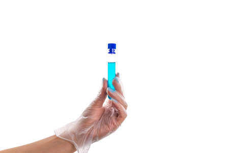 Syringe injection. Doctor hand in medical glove hold test tube or bottle for protection flu virus...