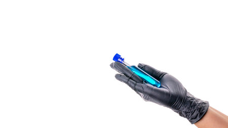 Injection. Doctor hand in medical glove hold test tube or bottle for protection flu virus isolated...