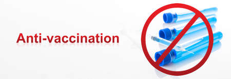 Anti Face Mask Protest. Red forbidden sign with Medical syringe, needle for protection flu virusの写真素材