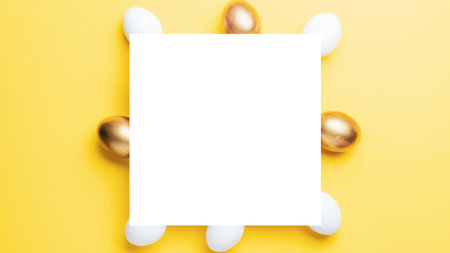 Easter luxury. Golden, white color egg on pastel yellow background in Happy Easter decoration. Flat...