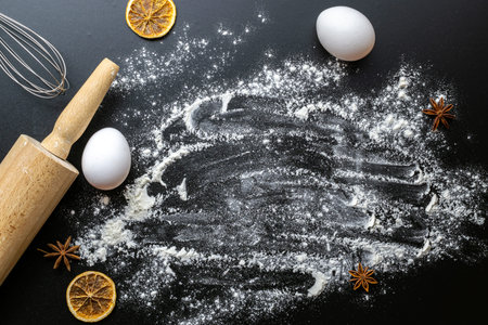 Baker bread. Fresh food ingredients: flour, eggs, nut and star anise, orange on black chalkboard...
