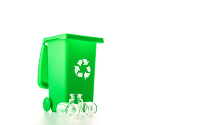 Recycling bins. Green dustbin for recycle glass can trash isolated on white background. Container for disposal garbage waste and save environmentの写真素材