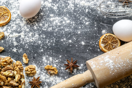 Bakery food. Fresh food ingredients: flour, eggs, nut and star anise, orange on black chalkboard...