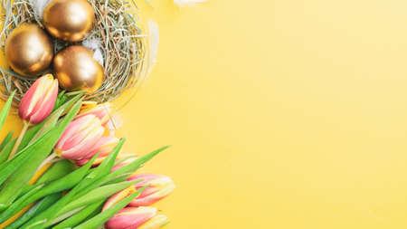 Easter egg. Happy Easter decoration: Golden eggs in basket with spring tulips, white feathers on pastel yellow background. Traditional decoration in sun light. Top viewの写真素材