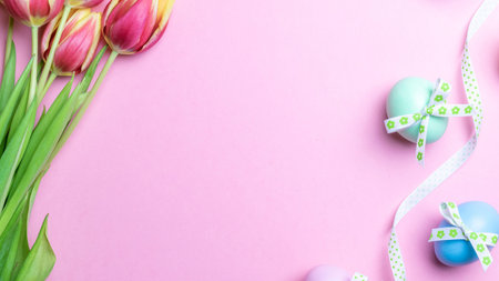 Easter tulips. Colorful egg with tape ribbon, spring tulips, feathers on pastel pink background in...