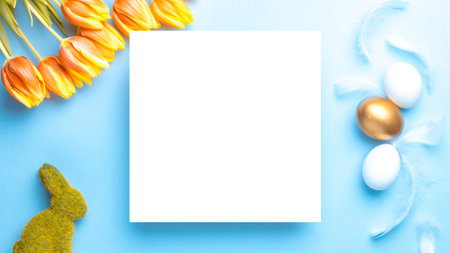 Easter border. Golden, white color egg in basket with spring tulips, feathers on pastel blue...