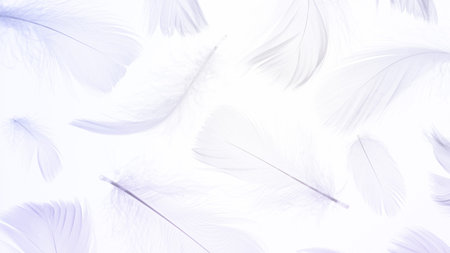 Feather pattern design. Multicolored pastel angel feather closeup texture on white background in...