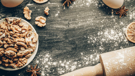 Bakery products. Cooking food ingredients: flour, eggs, nut and star anise, orange on dark table...