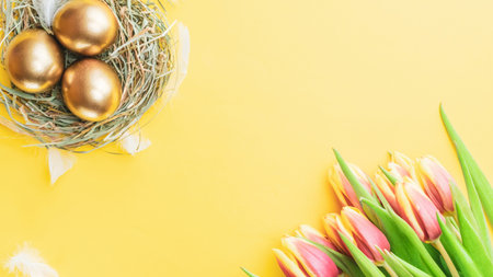Easter eggs Golden color in basket with spring tulips, white feathers on pastel yellow background in...