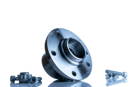 Auto valve. Motor mechanic spare or automotive piece isolated on white background. Set of new metal...