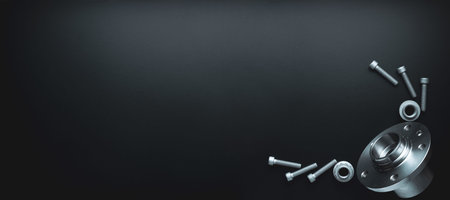 Repair service. Auto motor mechanic spare or automotive piece on dark banner background. Set of new...