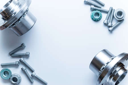 Spark plugs. Auto motor mechanic spare or automotive piece on white background. Set of new metal car part. Flat lay, top view, copy spaceの写真素材