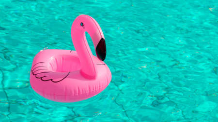 Summer time. Pink inflatable flamingo in pool water for summer beach background. Funny bird toy for kidsの写真素材