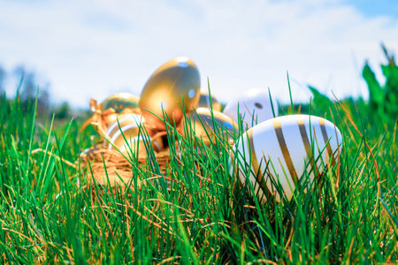 Easter basket. Golden egg with yellow spring flowers in celebration basket on green grass...