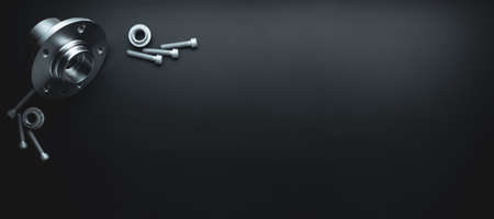 Auto valve. Motor mechanic spare or automotive piece isolated on black banner background. Set of new metal car part. Flat lay, top view, copy spaceの写真素材