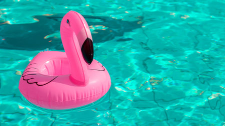 Summer fun beach. Pink inflatable flamingo in pool water for summer beach background. Funny bird toy for kidsの写真素材