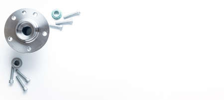 Car engine. Set of new metal car part. Auto motor mechanic spare or automotive piece isolated on white banner background. Automobile engine service with space for textの写真素材