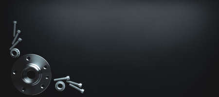 Auto mechanic. Set of new metal car part. Auto motor mechanic spare or automotive piece isolated on black banner background. Automobile engine service with space for textの写真素材