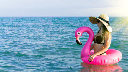 Summer hat beach. Happy young sexy girl in bikini swimsuit, sunglasses and straw hat with pink...