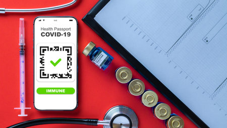 Immune passport. Coronavirus immunity certificate or vaccine passport on smartphone screen with...