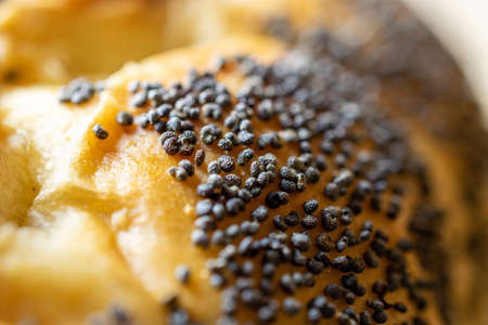 Whole wheat bread. Fresh loaf of rustic traditional bread with wheat poppy seeds in pattern of macro photography. Rye bakery with crusty loaves and crumbs. Homemade bakingの写真素材