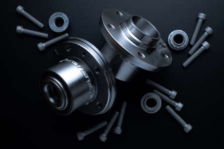 automotive parts. Set of new metal car part. Auto motor mechanic spare or automotive piece isolated on black background. Technology of mechanical gear with space for textの写真素材