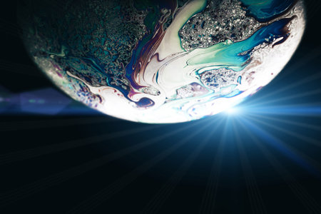 Bubble color. Globe planet earth in galaxy universe space with abstract sun on black background....