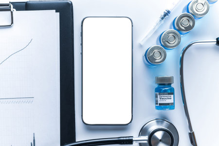 Smartphone mockup. Doctor stethoscope, hospital healthcare charts, syringe with needle and black...