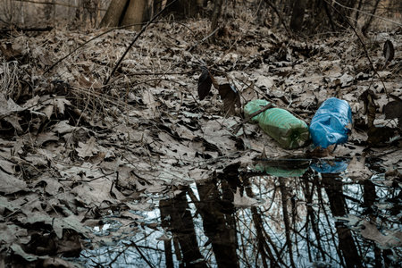 Environment and plastic garbage in woodland. Rubbish trash, waste in forest. Ecological problem with Empty used bottles of big cityの写真素材
