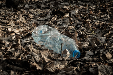 Environmental protection. Garbage trash in environment. Plastic waste rubbish in forest, woodland....