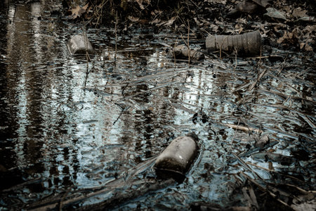 Environmental protection. Garbage trash in environment. Plastic waste rubbish in forest, woodland. Empty used dirty bottles. Ecological problemの写真素材