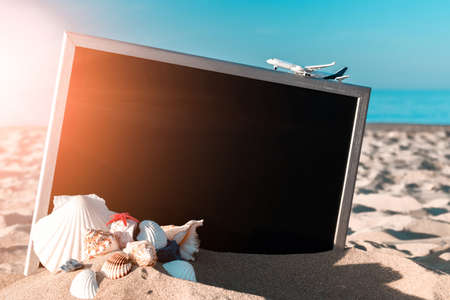 Summer time. Globe, seashell, airplane and starfish near black desk on sea beach in sunny day. Exotic tropical beach with copy spaceの写真素材