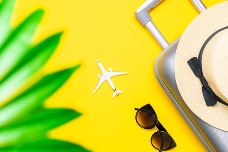 Suitcase, sunglasses with palm leaves and straw hat, white plane in travel composition on yellow background. Design of summer vacation holiday conceptの写真素材