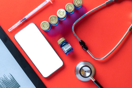 Cellphone mockup. Syringe with needle, hospital healthcare charts, doctor stethoscope and black...